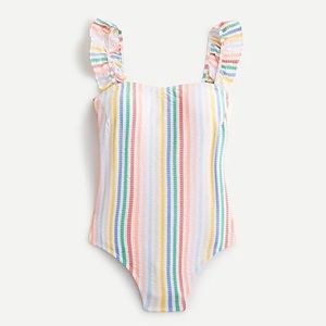 Ruffle strap one-piece in rainbow seersucker